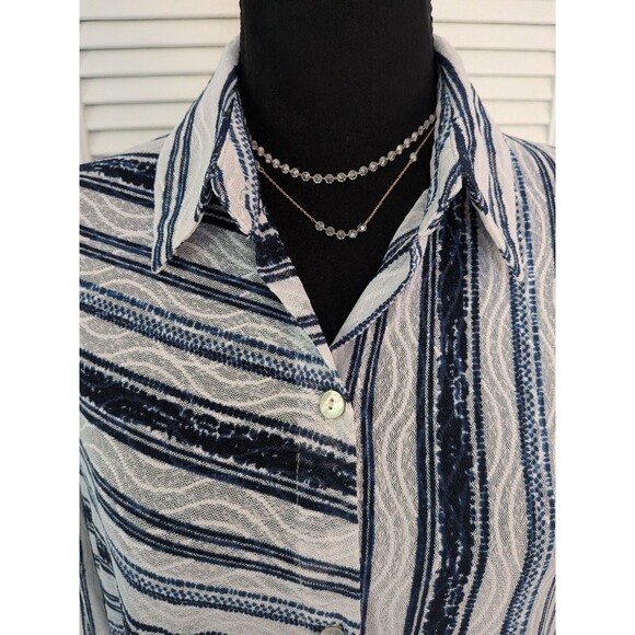 Chicos Travelers Top Womens L/2 Blue Sheer Mesh Button Up Stripe Shirt Coverup - Picture 2 of 13